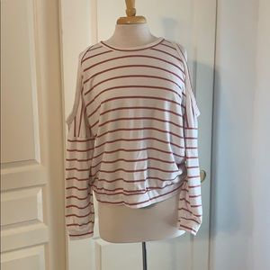 White & red striped sweatshirt w shoulder cutout